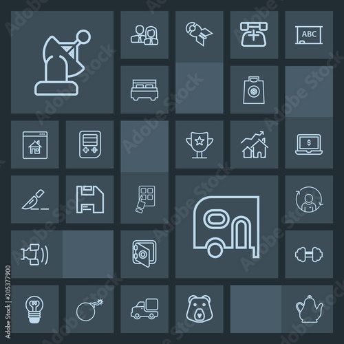Modern, simple, dark vector icon set with transportation, sale, drink, sport, van, telephone, exercise, wild, electricity, gift, animal, banking, bulb, electric, refresh, quality, car, bear, tea icons