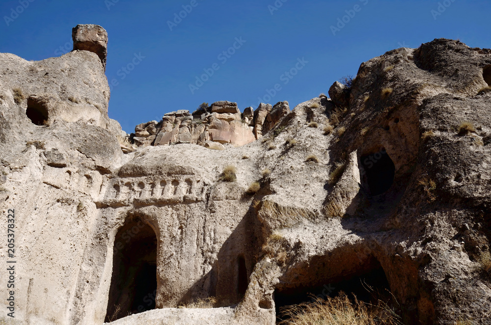 Ruins of ancient christian cave church in Cappadocian rocks,Ihlara valley,Turkey