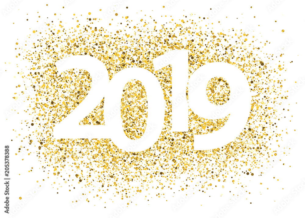 2019 white New Year sign with golden glitter and loading panel on white background. 2019 white New Year sign with golden glitter and loading panel on white background.