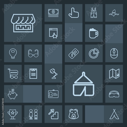 Modern, simple, dark vector icon set with success, identity, award, grizzly, animal, cart, world, shop, delivery, document, drink, bank, package, camp, lamp, interior, glasses, outdoor, shipping icons