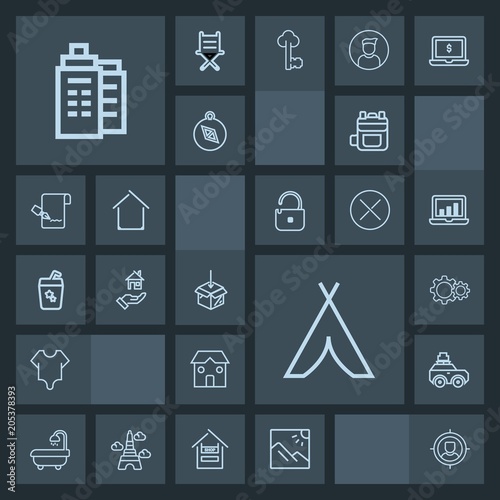 Modern, simple, dark vector icon set with package, model, action, scenery, luggage, bag, leather, construction, target, summer, building, property, modern, camp, interior, fashion, upload, real icons