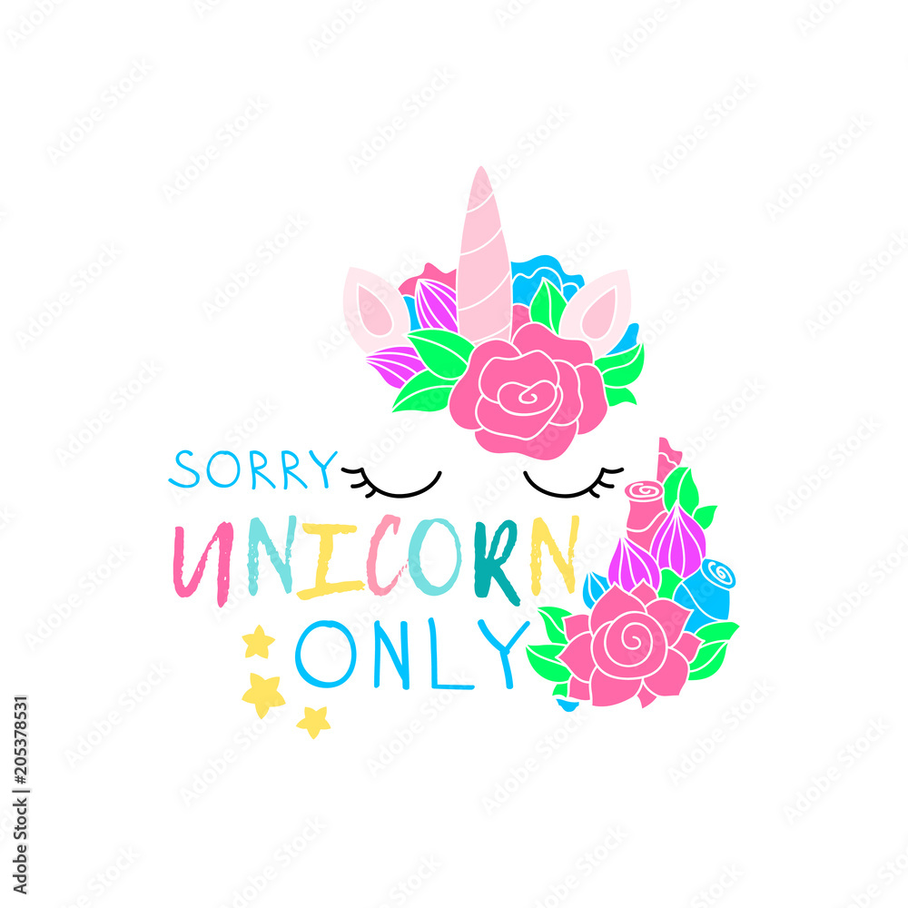 Unicorn quote isolated illustration. Magic unicorn in flowers summer design. Fantasy horse sticker, patch badge.