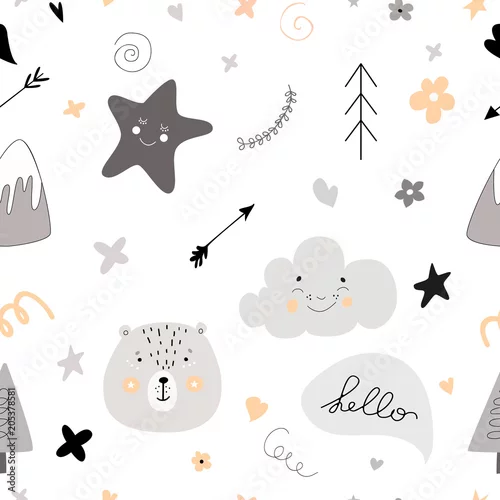 Tapety Wzór Skandynawskie dzieci gryzmoły elementy elementy monochromatyczne śliczne twarze niedźwiedzia jodła napis chmury znaki i tło gwiazdy (strzałki i uśmiechnięta gwiazda) szary czarny biały żółty