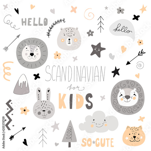 Pattern Scandinavian kids doodles elements set monochrome wild animal hand drawn lion face (color) prey yellow white black