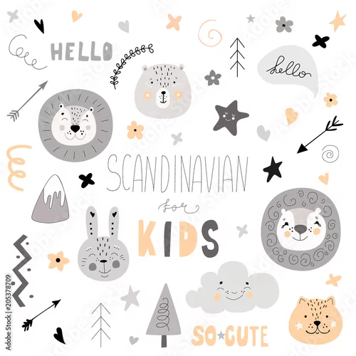 Tapety Wzór Skandynawskie dzieci gryzmoły elementy zestaw monochromatyczne dzikie zwierzę ręcznie rysowane twarz lwa (kolor) zdobycz żółty biały czarny