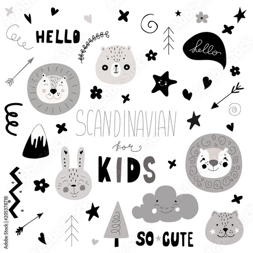 Scandinavian kids doodles elements set monochrome wild animal hand drawn lion face