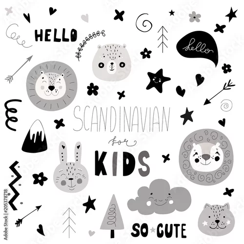 Tapety Skandynawskie dzieci gryzmoły elementy ustawić monochromatyczne ręcznie rysowane lwa twarz