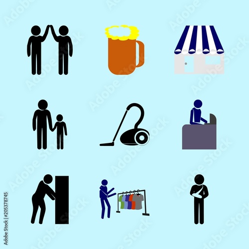 icons about Human with bar, kvass, push, care and tool