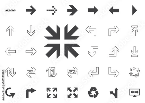 Directions to the middle. Arrow vector illustration icons set.