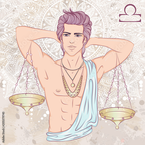 Zodiac. Vector illustration of the astrological sign of Libra as a man with a naked torso. The illustration on decorative grunge background in retro colors