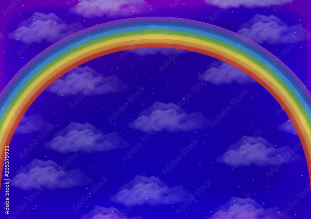 Landscape, Background with Bright Colorful Rainbow on Blue Sky with White Clouds and Stars. Eps10, Contains Transparencies. Vector
