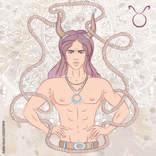 Zodiac. Vector illustration of the astrological sign of Taurus as a man with a naked torso. The illustration on decorative grunge background in retro colors