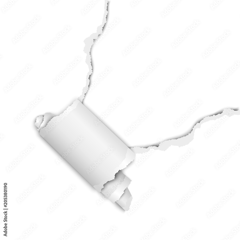 Torn upper right corner of white paper sheet with curl. Vector template
