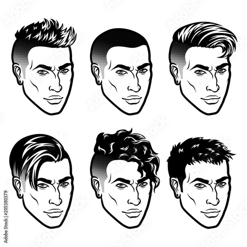 Set of Vector men face hipster head with haircuts. For avatars, emblems and icons, labels