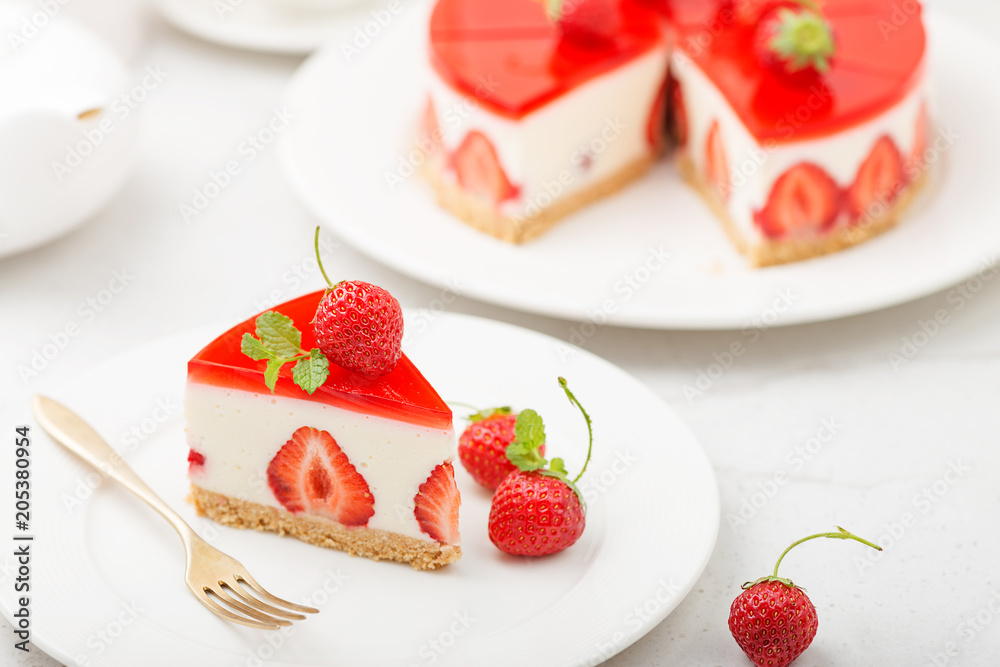Cold cheesecake with strawberry and strawberry jelly. Cold cheesecake with strawberry and strawberry jelly.