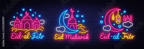 Eid-Al-Fitr festive card collection design template in modern trend style. Neon style, Islamic and Arabic background for the holiday of the Muslim community. Ramadan Kareem Light banner. Vector