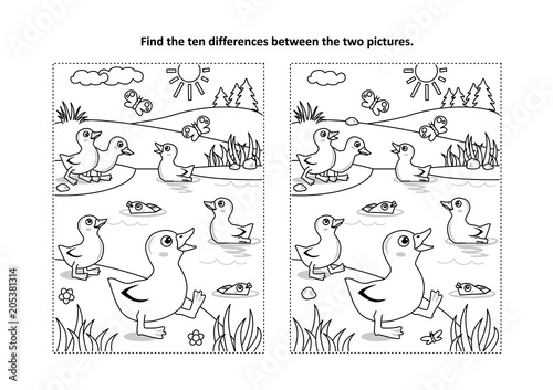 Find the ten differences picture puzzle and coloring page with little playful ducklings on the pond
