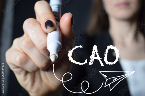 The businessman writes an inscription with a white marker:CAO