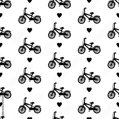 Seamless pattern with black bicycles and hearts.