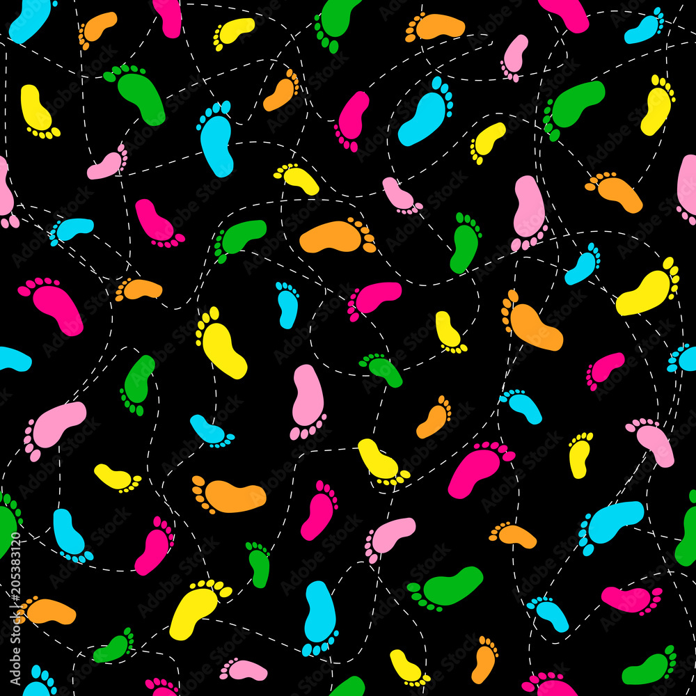 Seamless pattern with colorful footprint on the black background. Seamless pattern with colorful footprint on the black background.