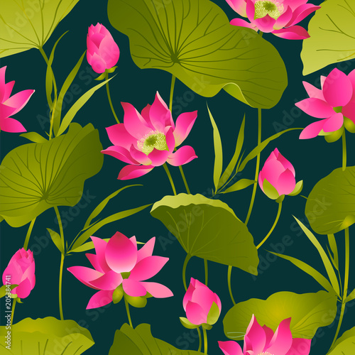 Lotus flowers and leaves. Watercolor. Vector seamless pattern.