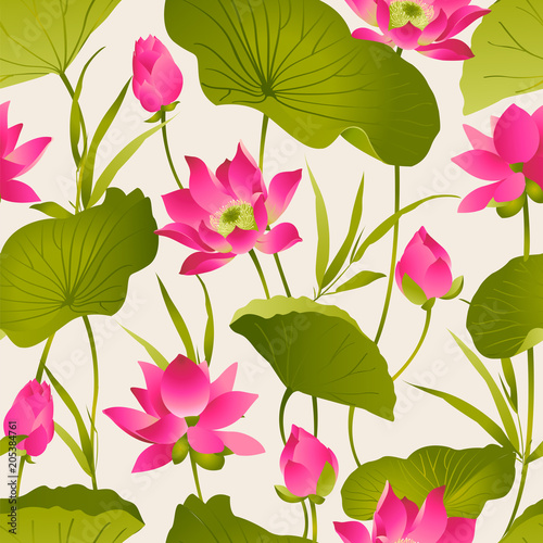 Fototapeta Naklejka Na Ścianę i Meble -  Lotus flowers and leaves. Watercolor. Vector seamless pattern.