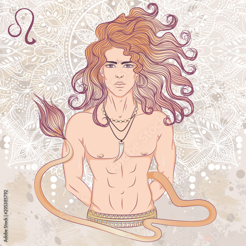Zodiac. Vector illustration of the astrological sign of Leo as a man with a naked torso. The illustration on decorative grunge background in retro colors