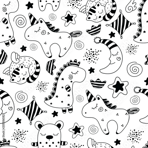 Children's pattern with different cute characters.