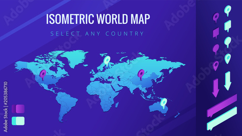 World map isometric vector illustration. The world map with pins, arrows and bubbles. Country select and allocation concept. Design for infographic template. 3d illustration on ultraviolet background.
