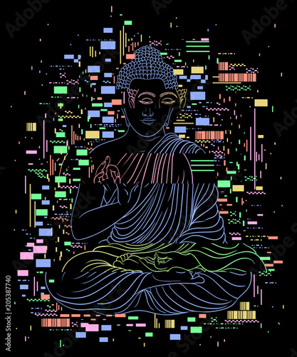 Glitch tattoo.Portrait of Buddha and pixel noise. Concept design for banner, card, t-shirt, print, poster.Vector illlustration