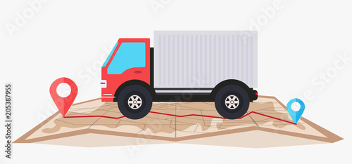 delivery truck service concept, delivery truck follow path on the map, flat illustration vector