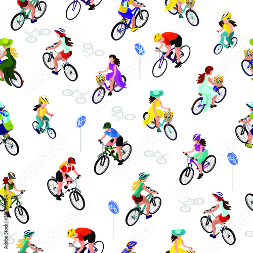 Seamless pattern of cyclists. A woman on a bicycle, a man on a bicycle, a child on a bicycle. Isometric 3d