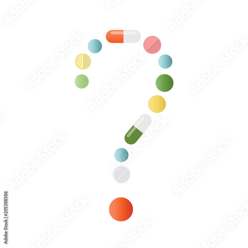 Question mark made of colored pills and capsules on white background. What medicines to choose better, what will help. Health problem concept. Vector isolated.