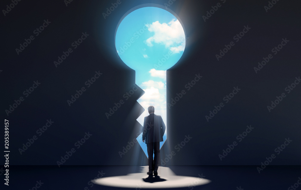 Obraz premium Businessman walking in dark room through key shaped door revealing blue sky for new opportunities, 3D rendering