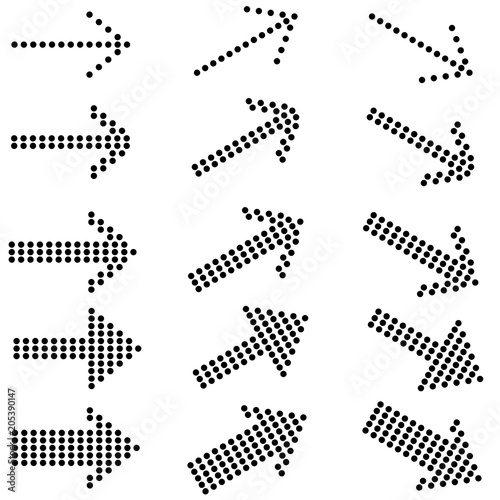 Set of dotted arrows in different thickness and angles