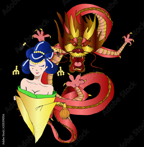 Stylized vector illustration of a beautiful geisha girl in kimono at night with dragon. Japanese girl with a lamp. Doodle style. 