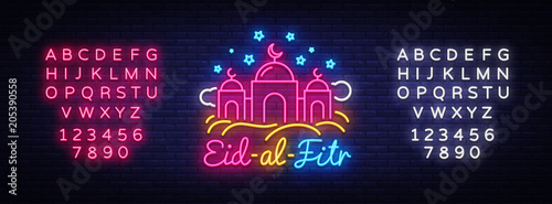 Vector Festive Illustration of Eid-Al-Fitr Neon Label. Ramadan Kareem holiday card Muslim holiday, design template modern trend style, light banner. Islam Vector. Editing text neon sign