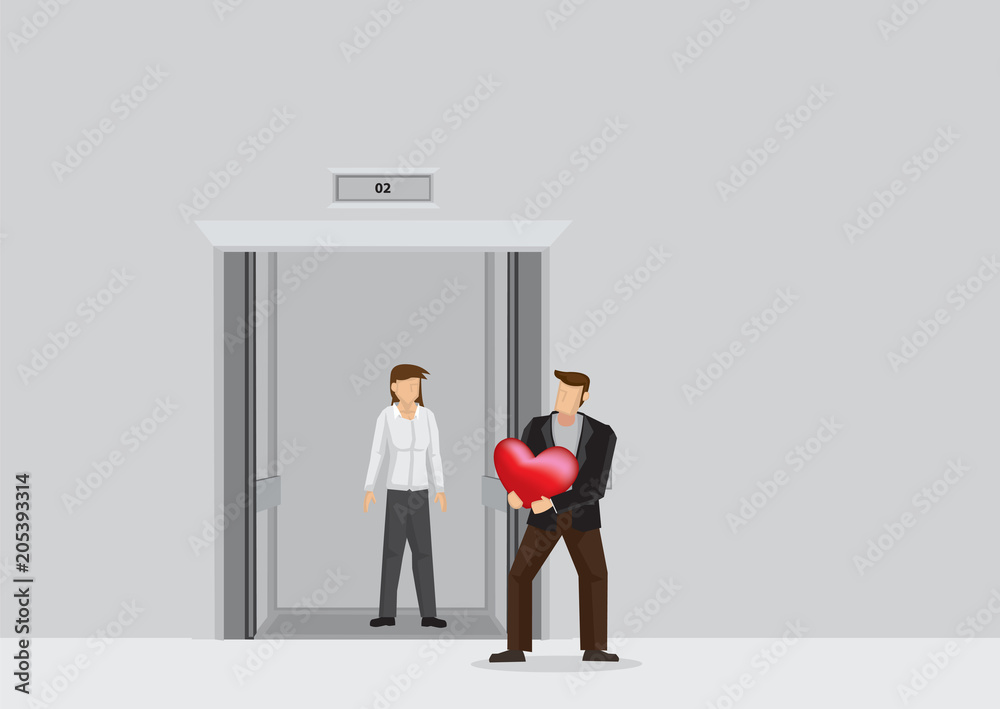 Romantic Man Surprises Girlfriend at Elevator Lobby Cartoon Vector Illustration Romantic Man Surprises Girlfriend at Elevator Lobby Cartoon Vector Illustration