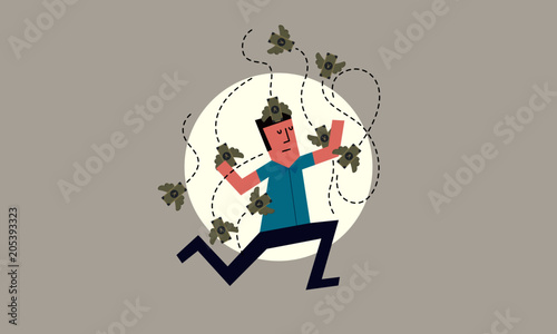 Vector Illustration of a Man attacked buy a bunch of Japanese Yen coin. Coins/Money flying around a man.