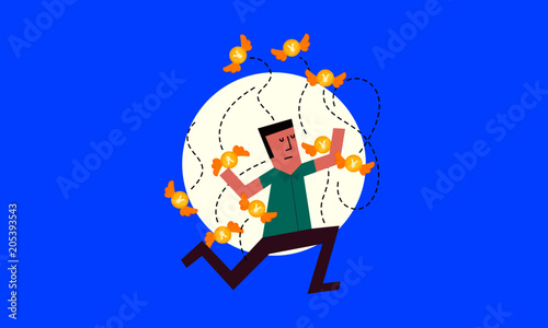 Vector Illustration of a Man attacked buy a bunch of Japanese yen coin. Coins/Money flying around a man.