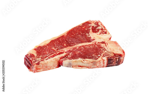 Close up raw beef T-bone steak isolated on white