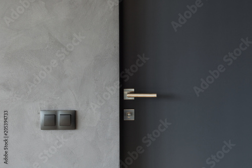 Light switch on the gray textured wall next to the door with metallic handle photo