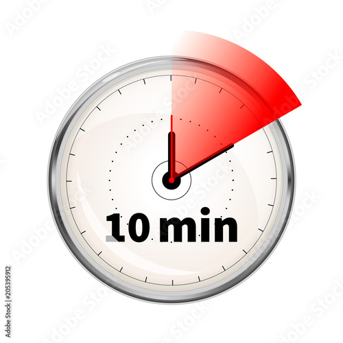 Realistic clock face with ten minutes timer on white
