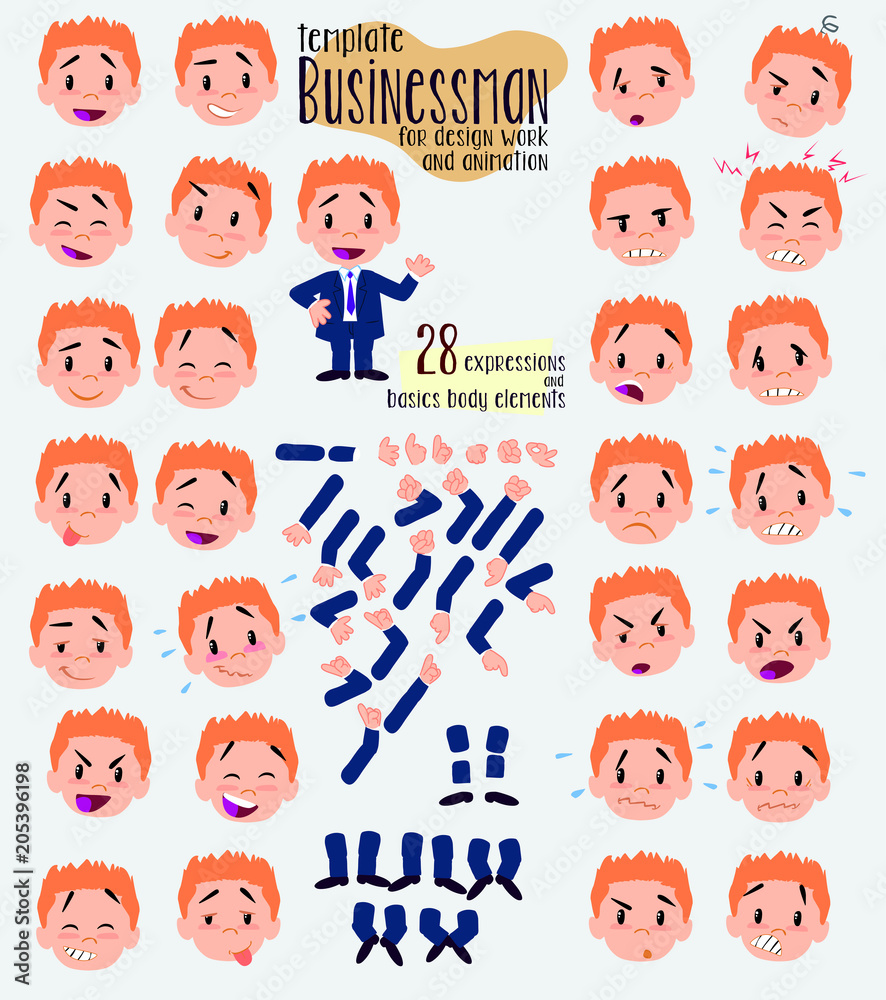 Businessman in a swimsuit. Twenty eight expressions and basics body elements, template for design work and animation. Vector illustration to Isolated and funny cartoon character. Businessman in a swimsuit. Twenty eight expressions and basics body elements, template for design work and animation. Vector illustration to Isolated and funny cartoon character.