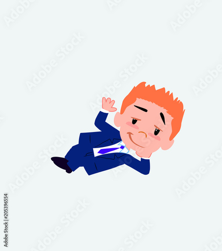 Businessman lying, greets with a dreamy expression.
