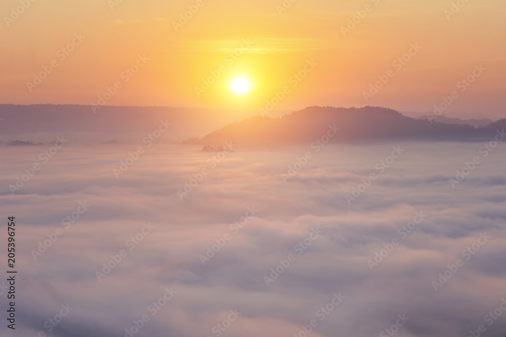 Mountain Mist in sunrise,mist on sunrise,mist over mountain during sunrise