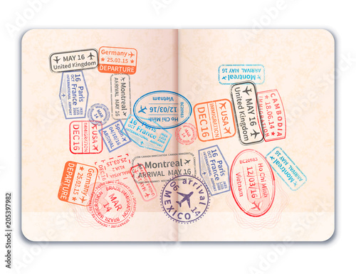 Realistic open foreign passport with many bright colorful immigration stamps in train shape on white