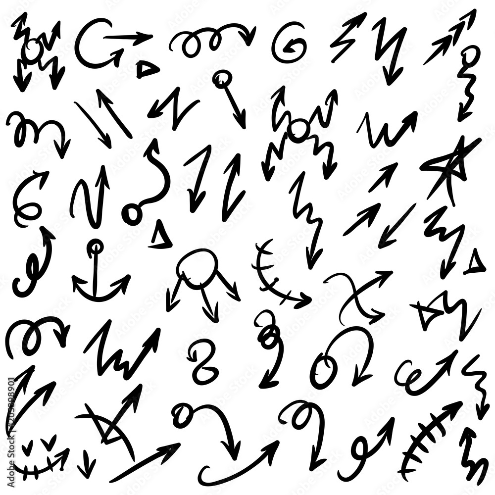 Arrow doodles vector. A set of simple sketches of arrows. Up, down, left, right ones. The effect of a pencil sketch isolated on white background. Vector eps 10. Arrow doodles vector. A set of simple sketches of arrows. Up, down, left, right ones. The effect of a pencil sketch isolated on white background. Vector eps 10.