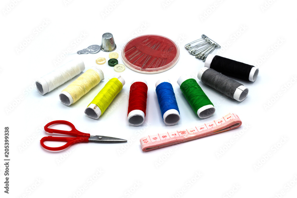 Embroidery accessories - many color Sewing thread - Scissors and Waist  circumference isolated white background Stock Photo