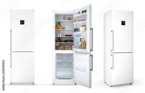 modern household refrigerator with food, three angles, isolated. photo